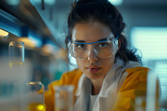 Serious concentrated female microbiologist in sterile clothing and safety goggles sitting at table and dropping reagent in petri dish while doing research in laboratory