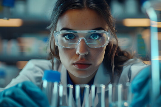 Serious concentrated female microbiologist in sterile clothing and safety goggles sitting at table and dropping reagent in petri dish while doing research in laboratory