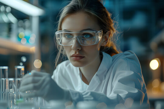 Serious concentrated female microbiologist in sterile clothing and safety goggles sitting at table and dropping reagent in petri dish while doing research in laboratory