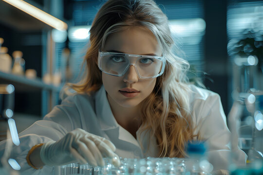 Serious concentrated female microbiologist in sterile clothing and safety goggles sitting at table and dropping reagent in petri dish while doing research in laboratory