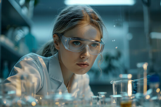 Serious concentrated female microbiologist in sterile clothing and safety goggles sitting at table and dropping reagent in petri dish while doing research in laboratory