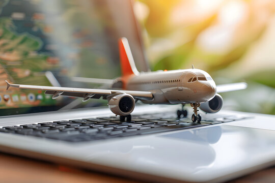 airplane model on laptop keyboard, online ticket booking flight schedule