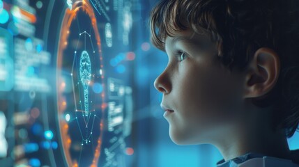 Young Boy Observing Futuristic Display - obrazy, fototapety, plakaty