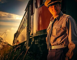 Guardian of the Rails: Man in Uniform Stands Tall Before a Train - obrazy, fototapety, plakaty