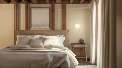 Cozy bedroom interior with wooden bedside cabinet and soft beige linens