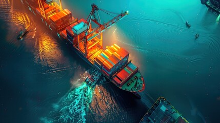 Container ship carrying container boxes import export dock with quay crane. Business commercial trade global cargo freight shipping logistic and transportation worldwide oversea concept. Generative AI - obrazy, fototapety, plakaty