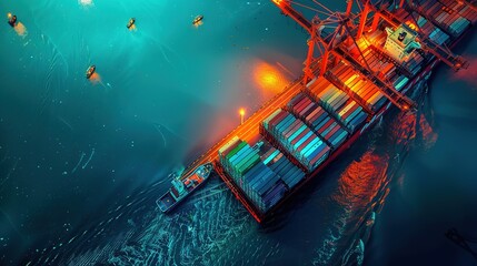 Naklejka premium Container ship carrying container boxes import export dock with quay crane. Business commercial trade global cargo freight shipping logistic and transportation worldwide oversea concept. Generative AI