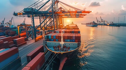 Obraz premium Container ship carrying container boxes import export dock with quay crane. Business commercial trade global cargo freight shipping logistic and transportation worldwide oversea concept. Generative AI