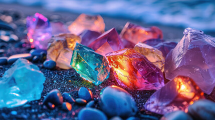 Colorful neon gemstones on a beach. Mystical glow.