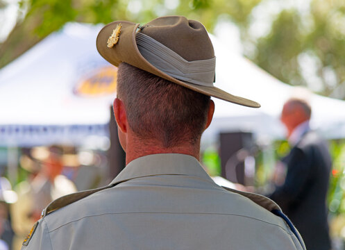 Australian army soldier in uniform and hat on ANZAC Day remembrance cermenony