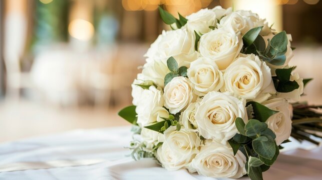 Bridal bouquet of white rose with leaves in bright colors on the table. AI generated image