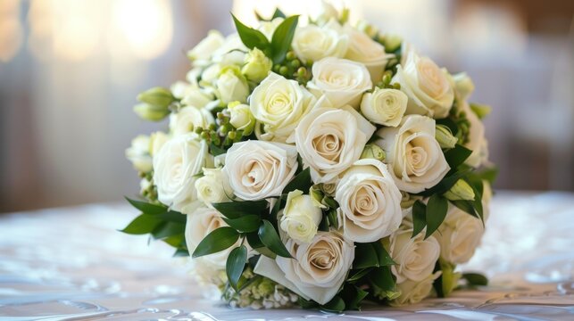Bridal bouquet of white rose with leaves in bright colors on the table. AI generated image