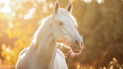 Animal photography white horse with natural background in the sunny view. AI generated image - obrazy, fototapety, plakaty