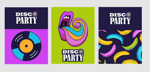 set of  psychedelic style designs for disco party