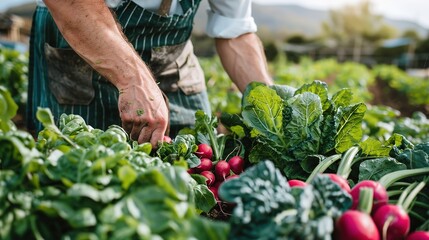 Anonymous chef harvesting fresh vegetables on a farm generative ai images