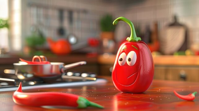 Cute red chili cartoon character smiling with kitchen background. Generated AI image