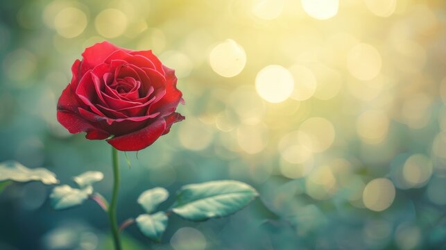 Beautiful fresh red rose flower on nature blur background. AI generated image