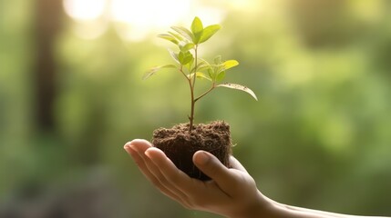 In the hands of trees growing seedlings. Bokeh green Background Female hand holding tree
