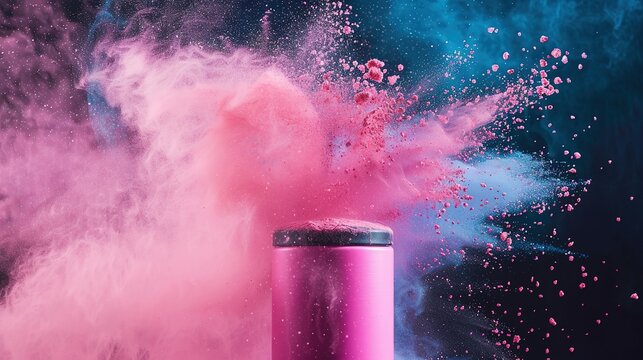 Pink aerosol can with cloud of colored powders stock photo