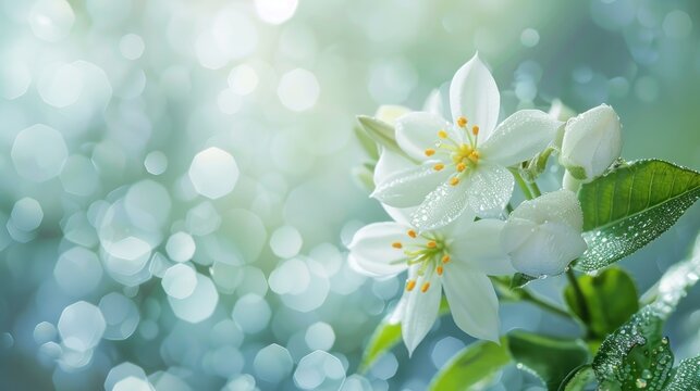 Closeup white jasmine flower on natural blur background. AI generated image