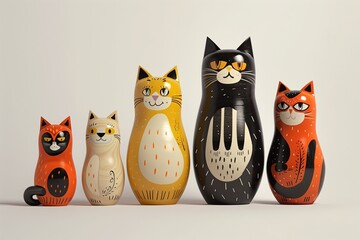 Set of Five Decorative Matryoshka Cat Dolls. Animal Nesting Dolls - obrazy, fototapety, plakaty