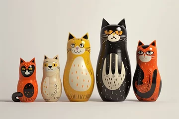 Deurstickers Set of Five Decorative Matryoshka Cat Dolls. Animal Nesting Dolls © Sabine