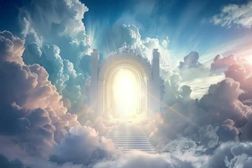 Fotobehang Majestic gateway to the Kingdom of God in the heavenly sky with ethereal clouds, spiritual illustration © Lucija