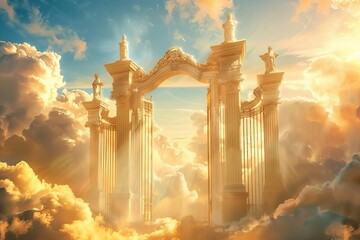 Majestic gateway to the Kingdom of God in the heavenly sky with ethereal clouds, spiritual illustration - obrazy, fototapety, plakaty