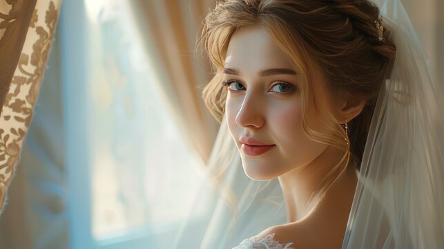 Portrait Beautiful bride in indoor near windows at sunny day. AI generated image