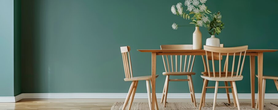 Modern wooden dining table and chairs against a green wall with decorative vase
