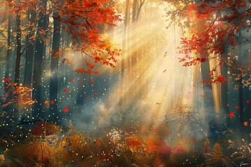 Obraz na płótnie Canvas Majestic Autumn Morning Sunbeams Piercing Through Misty Forest, Enchanting Woodland Landscape Digital Painting