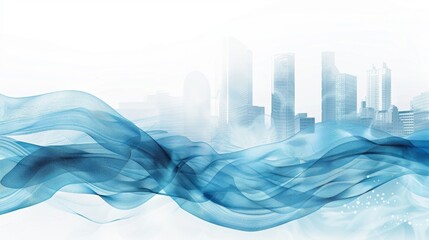 A banner for real estate event, with blue waves , white background, It has an image of digital landscape and buildings in foreground