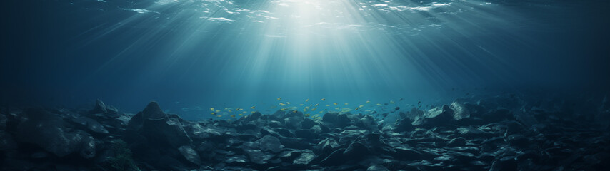 Fototapeta na wymiar Underwater Sunlight and Fish over Rocky Seabed