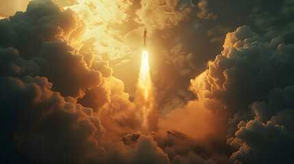 Rocket soaring through amber clouds in the sunset sky