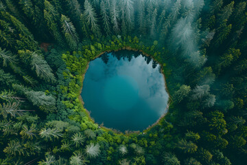 An almost perfect circular lake surrounded by a pine forest, shot from the air, resembling the Earth. - obrazy, fototapety, plakaty