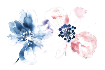 Pastel pink and blue watercolor floral blooms on transparent background.