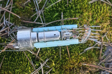 one piece of an old broken gray blue picture tube lies on green moss on the street