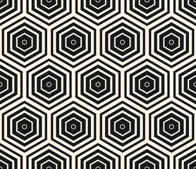 Vector monochrome seamless pattern with hexagons, halftone lines, gradient transition effect. Stylish black and white abstract geometric background with hexagonal grid texture. Simple repeated design