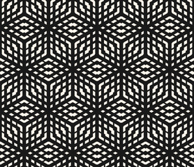 Vector monochrome geometric seamless pattern with hexagons, rhombuses, cubic grid, lattice, mesh, net, crossing lines. Black and white abstract background texture. Simple repeated design for print - 772587210