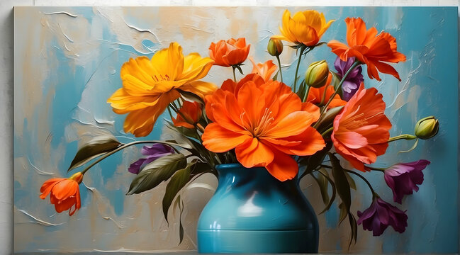Vibrant oil painting of bright flowers in full bloom emerging from a blue vase displayed on a textured background
