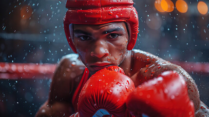 Boxer with red boxing gloves and helmet. Generative AI - obrazy, fototapety, plakaty