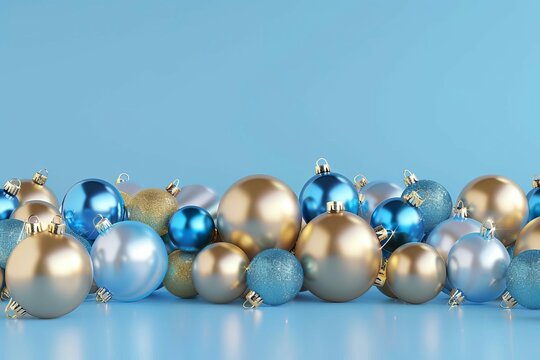 Minimalistic Christmas and New Year background with gold and blue glass balls, holiday concept, 3D rendering