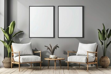 Minimalist living room wall with framed poster mockup, modern interior design, 3D render