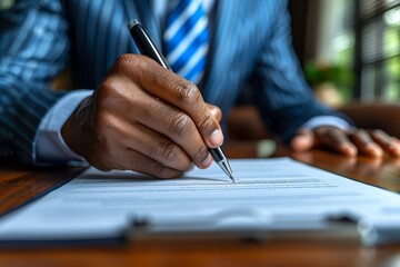 Man in suit focuses on writing, signing contract