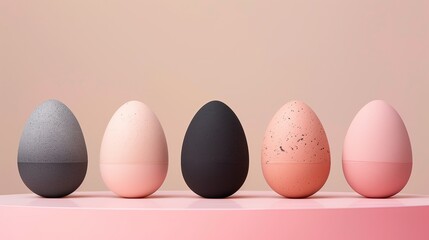 Four colorful eggs on pink surface in still life photography