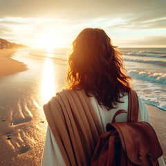 Jesus walking at the sea sand beach 
