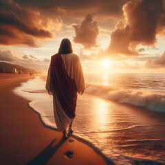 Jesus walking at the sea sand beach  - obrazy, fototapety, plakaty
