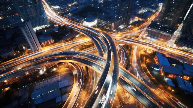 Aerial View of Busy City Highway Interchange at Night