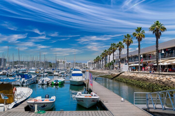 Fototapeta na wymiar Vibrant Marina Scene with Boats, Yachts, and Palm Trees under Blue Sky in Tropical Tourist Destination