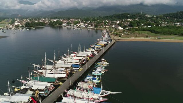 Aerial view of boats anchored in the harbor - Paraty, Rio de Janeiro, Brazil